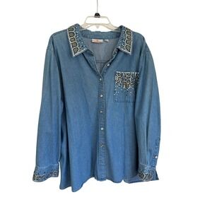 Quacker Factory Womens 3X Denim Shirt Rhinestone Studded Blue Button Down Top